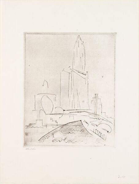 Woolworth from the River, John Marin (American, Rutherford, New Jersey 1870–1953 Cape Split, Maine), Etching with monotype printing 