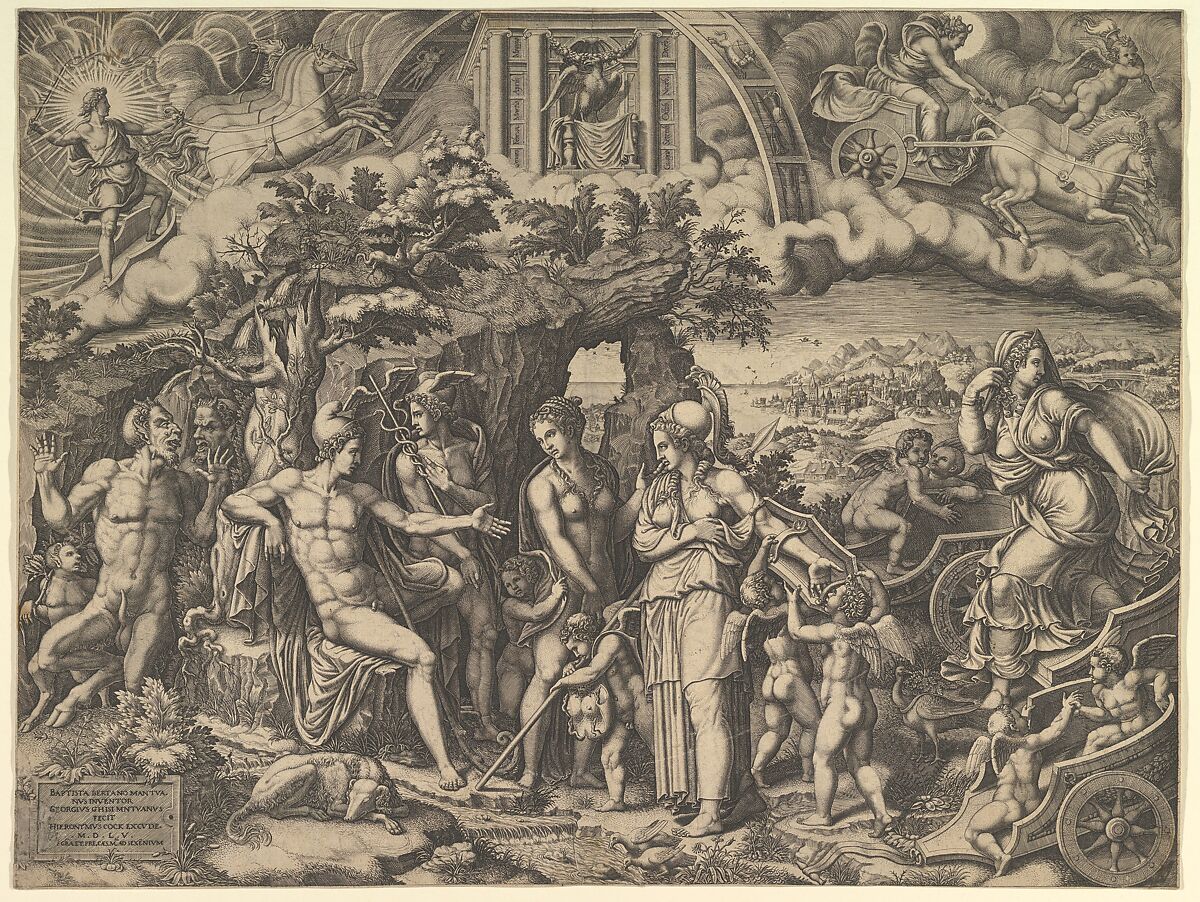 The Judgment of Paris; Paris seated on a rock choosing between the goddesses Venus, Juno, and Minerva, the god Mercury with a caduceus in between them, Engraved by Giorgio Ghisi (Italian, Mantua ca. 1520–1582 Mantua), Engraving; third state of three (BLL) 