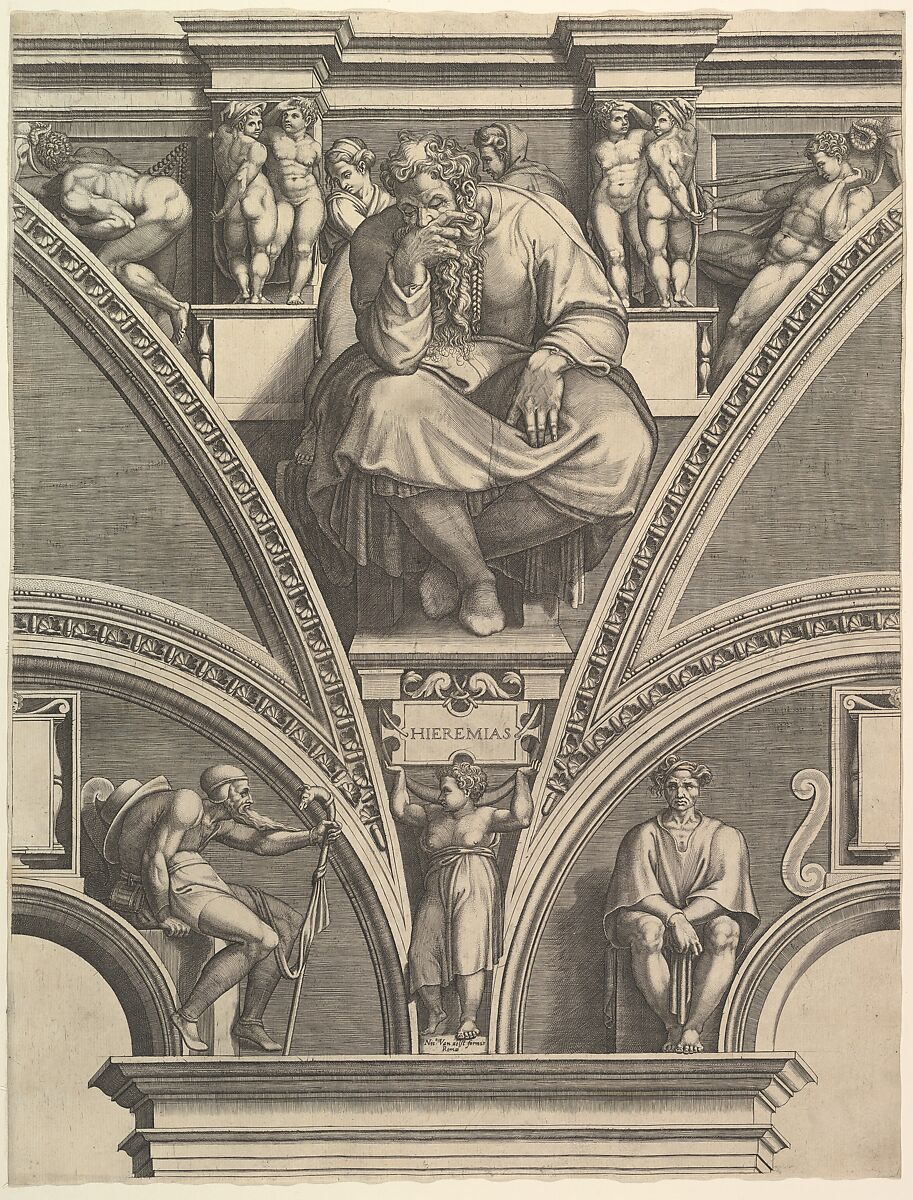 The Prophet Jeremiah, from "Prophets and Sibyls in the Sistine Chapel", Giorgio Ghisi (Italian, Mantua ca. 1520–1582 Mantua), Engraving; third state of four (BLL) 