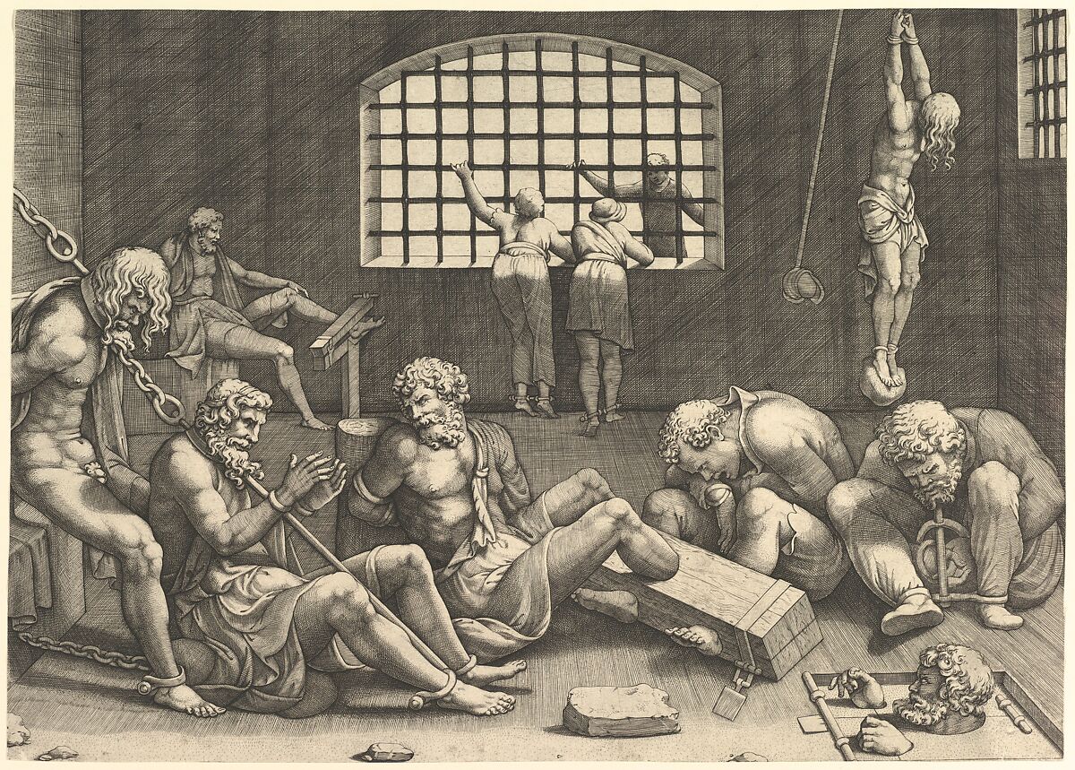 The Prison; a group of men in a dungeon bound in chains and shackles; to the right a figure hanging from his arms, tied to a boulder, Anonymous, Engraving 