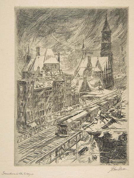 Snowstorm in the Village, John Sloan (American, Lock Haven, Pennsylvania 1871–1951 Hanover, New Hampshire), Etching 