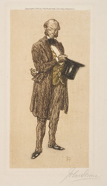 Cousin Brouillard, John Sloan (American, Lock Haven, Pennsylvania 1871–1951 Hanover, New Hampshire), Etching with light brown plate tone around figure, red brown on vest, and black on hat, tie, and shoes 