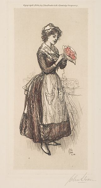 Mademoiselle Violette, John Sloan (American, Lock Haven, Pennsylvania 1871–1951 Hanover, New Hampshire), Etching with light brown plate tone around figure, black and brown on dress, and red on flowers 
