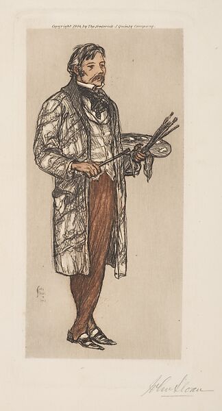Monsieur Dermilly, Benevolent Artist, John Sloan (American, Lock Haven, Pennsylvania 1871–1951 Hanover, New Hampshire), Etching with light brown plate tone around figure and red brown on trousers 