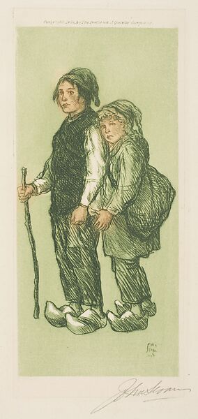 Little Savoyards, John Sloan (American, Lock Haven, Pennsylvania 1871–1951 Hanover, New Hampshire), Etching with light green plate tone around figure and pink on faces and hands 