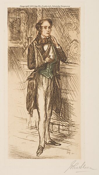 Monsieur Monleard, John Sloan (American, Lock Haven, Pennsylvania 1871–1951 Hanover, New Hampshire), Etching with light brown plate tone around figure, green on vest, and light brown on face and hands 