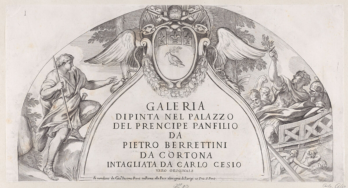 Title page to "Galleria Dipinta nel Palazzo del Prencipe Panfilio" after the ceiling frescoes by Pietro da Cortona depicting the history of Aeneas in the Palazzo Pamphili, Rome, Carlo Cesi (Italian, Antrodoco ca. 1622–1682 Rieti), Etching 