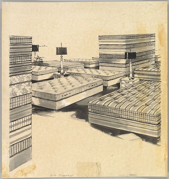 A Mattress Show Room, W. & J. Sloane, Max Walter (American, New Jersey 1908–1988 Short Hills, New Jersey), Pen, black ink and wash, heightened with white, over graphite 