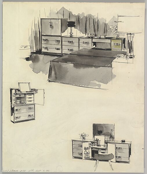 A Bedroom Suite, W. & J. Sloane, Max Walter (American, New Jersey 1908–1988 Short Hills, New Jersey), Pen, black ink and wash over graphite 