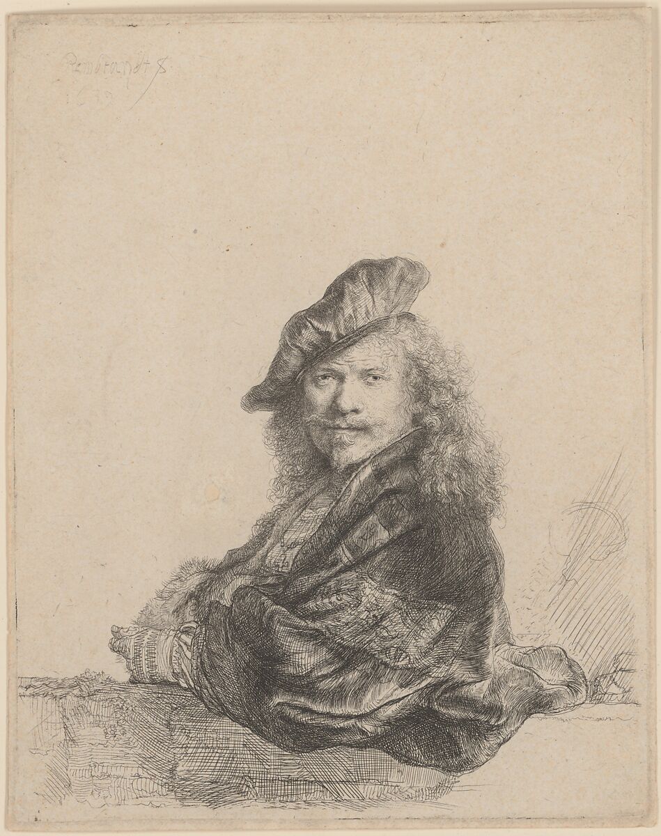 Self-Portrait Leaning on a Stone Sill, Rembrandt (Rembrandt van Rijn) (Dutch, Leiden 1606–1669 Amsterdam), Etching, drypoint and burin; second state of two 