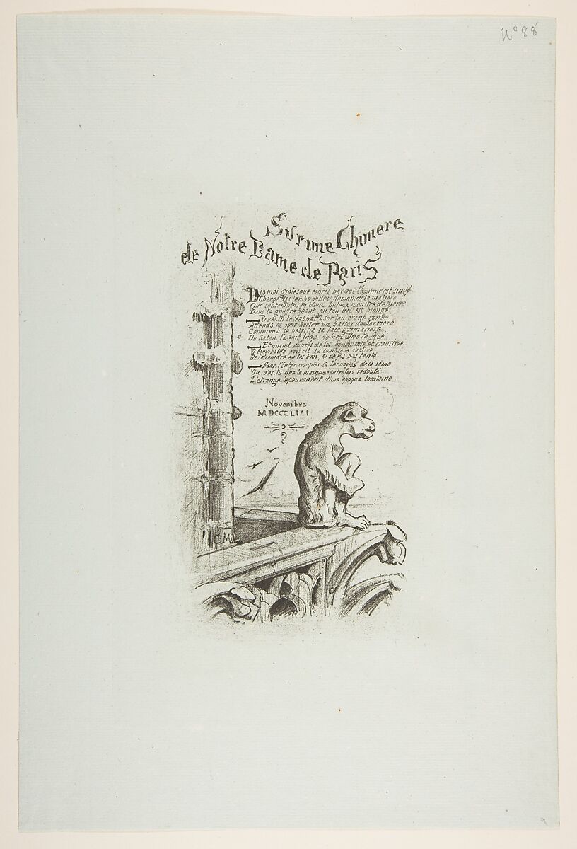 Regarding One of the Gargoyles of Nôtre-Dame, Paris, Charles Meryon (French, 1821–1868), Facsimile of a drawing on blue-green laid paper 