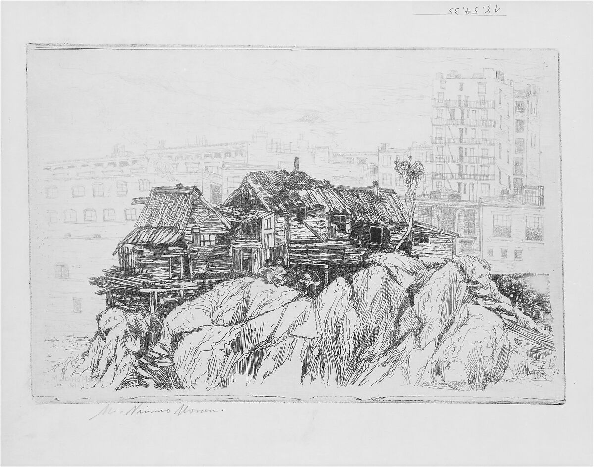 The Cliff Dwellers of New York, Mary Nimmo Moran (American (born Scotland), Strathaven 1842–1899 East Hampton, New York), Etching and scotch stone tone, printed in brown ink 