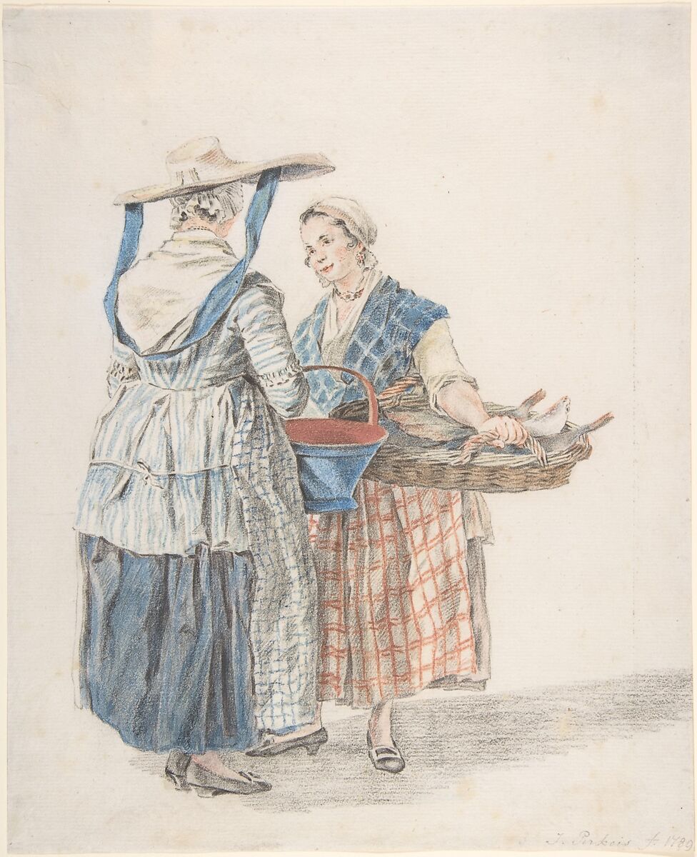 Two Market Women, Jacobus Perkois (Dutch, Middelburg 1756–1804 Middelburg), Blue chalk, black chalk, and watercolor 