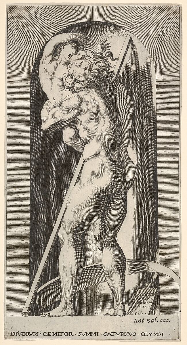 Plate 1: Saturn in a niche devouring his son, standing before a scythe, from "Mythological Gods and Goddesses", Giovanni Jacopo Caraglio (Italian, Parma or Verona ca. 1500/1505–1565 Krakow (?)), Engraving 