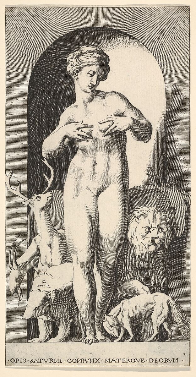 Plate 2: Ops standing in a niche with her hands at her breasts, looking to her left, with animals behind her, from "Mythological Gods and Goddesses"
, Giovanni Jacopo Caraglio  Italian, Engraving; third state of three (TIB)