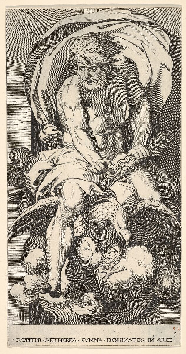 Plate 3: Jupiter emerging from a niche, riding an eagle and holding a thunderbolt in his left hand, from "Mythological Gods and Goddesses", Giovanni Jacopo Caraglio (Italian, Parma or Verona ca. 1500/1505–1565 Krakow (?)), Engraving 