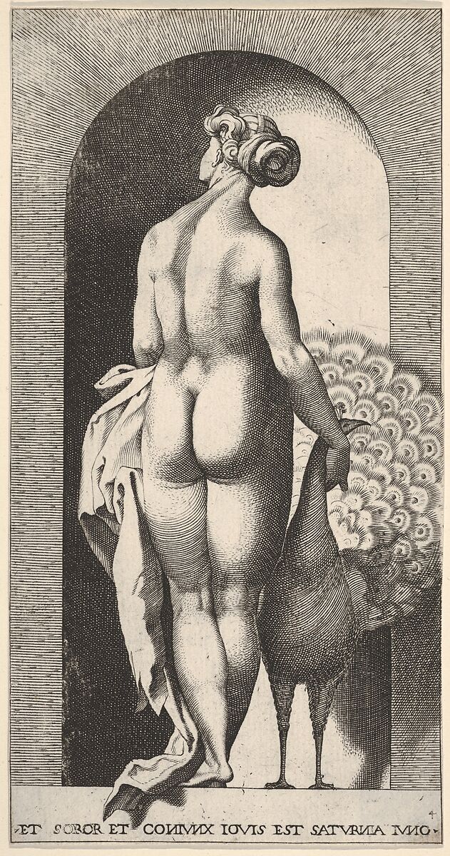 Plate 4: Juno standing in a niche, viewed from behind, stroking a peacock to her right, from "Mythological Gods and Goddesses", Giovanni Jacopo Caraglio (Italian, Parma or Verona ca. 1500/1505–1565 Krakow (?)), Engraving 