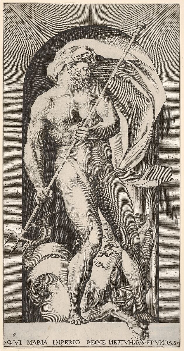 Plate 5: Neptune standing in a niche holding a trident, with a hippocampus (sea-horse) behind him, from "Mythological Gods and Goddesses", Giovanni Jacopo Caraglio (Italian, Parma or Verona ca. 1500/1505–1565 Krakow (?)), Engraving 