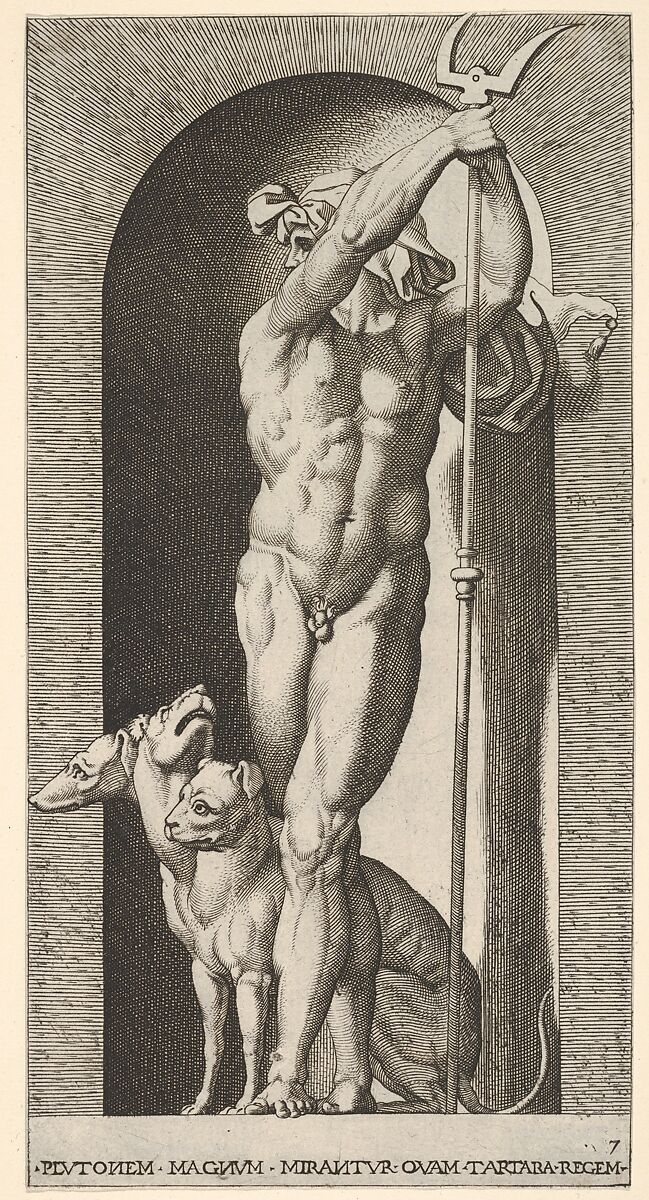 Plate 7: Pluto in a niche, holding a bident, with Cerberus next to him, from "Mythological Gods and Goddesses", Giovanni Jacopo Caraglio (Italian, Parma or Verona ca. 1500/1505–1565 Krakow (?)), Engraving 