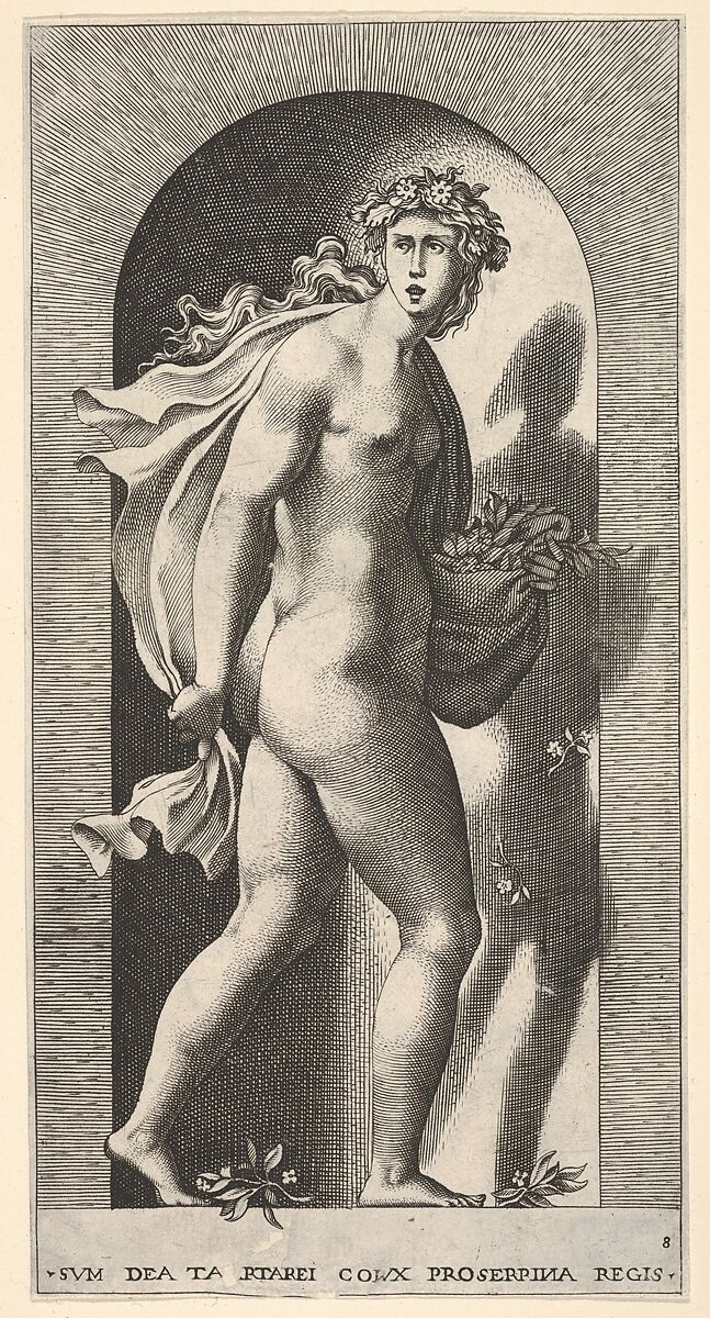 Plate 8: Proserpina, standing in a niche, turning to the right while holding mantle in both hands and flowers in her right hand, from "Mythological Gods and Goddesses", Giovanni Jacopo Caraglio (Italian, Parma or Verona ca. 1500/1505–1565 Krakow (?)), Engraving 
