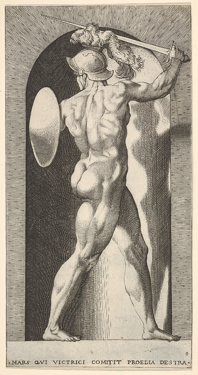 Plate 9: Mars in a niche, holding a sword above his head with his right arm, and a shield on his left arm, from "Mythological Gods and Goddesses", Giovanni Jacopo Caraglio (Italian, Parma or Verona ca. 1500/1505–1565 Krakow (?)), Engraving 