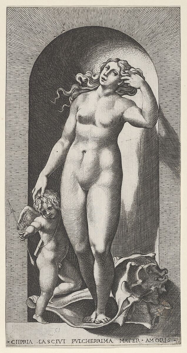 Plate 10: Venus in a niche, standing on a conch shell, with Cupid to her right, from "Mythological Gods and Goddesses", Giovanni Jacopo Caraglio (Italian, Parma or Verona ca. 1500/1505–1565 Krakow (?)), Engraving 