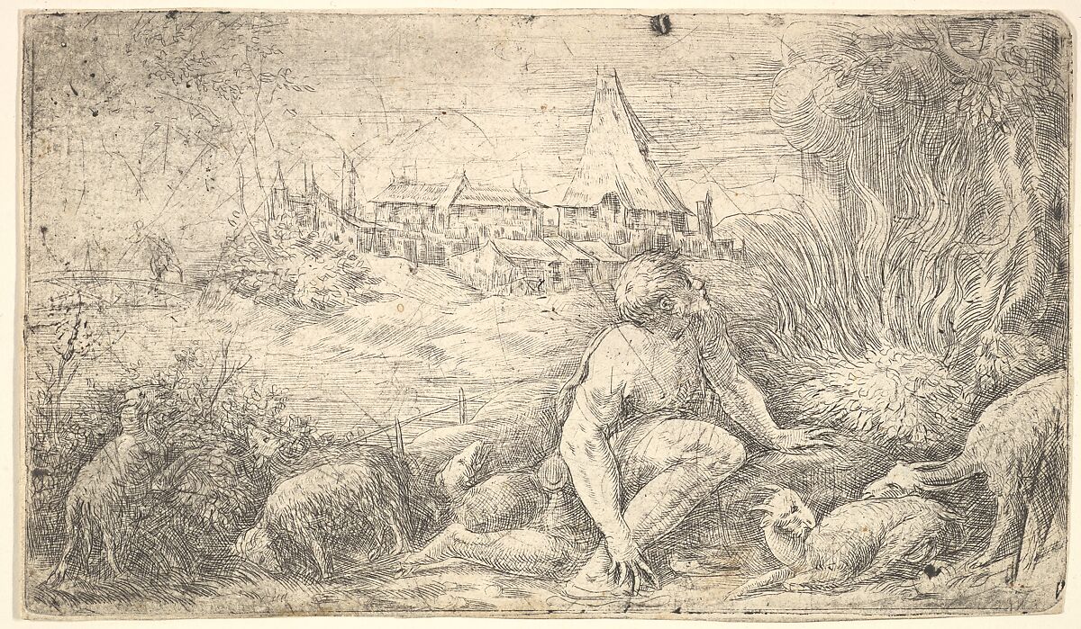 Moses and the burning bush, Andrea Schiavone (Andrea Meldola) (Italian, Zadar (Zara) ca. 1510?–1563 Venice), Etching 