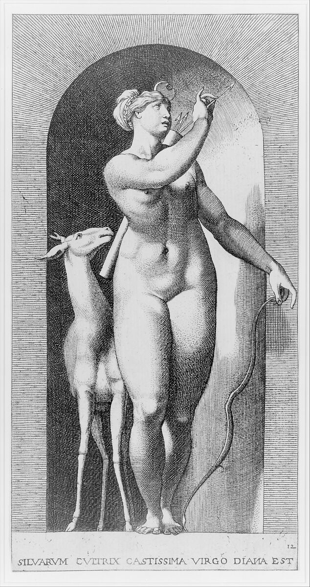 Plate 12: Diana standing in a niche, twisting to her left and pulling an arrow out of a quiver, with a deer to her right, from "Mythological Gods and Goddesses", Giovanni Jacopo Caraglio (Italian, Parma or Verona ca. 1500/1505–1565 Krakow (?)), Engraving