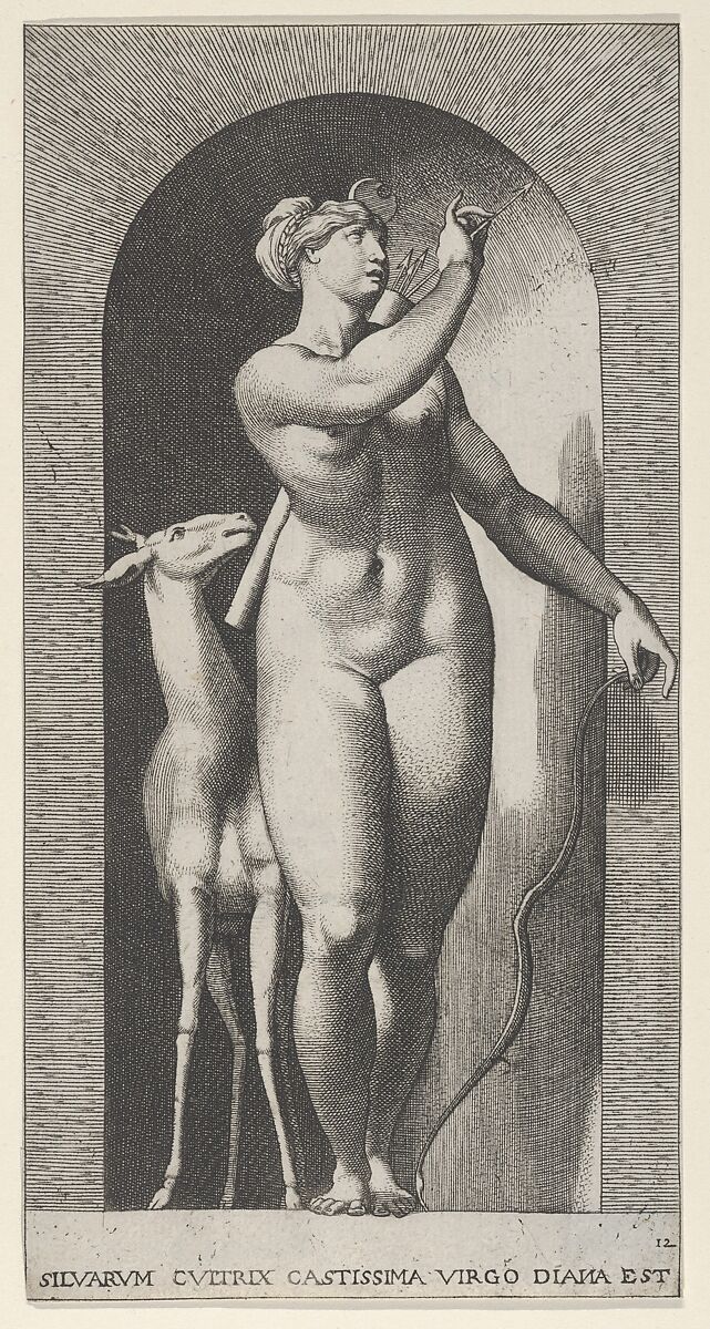 Plate 12: Diana standing in a niche, twisting to her left and pulling an arrow out of a quiver, with a deer to her right, from "Mythological Gods and Goddesses"
, Giovanni Jacopo Caraglio  Italian, Engraving