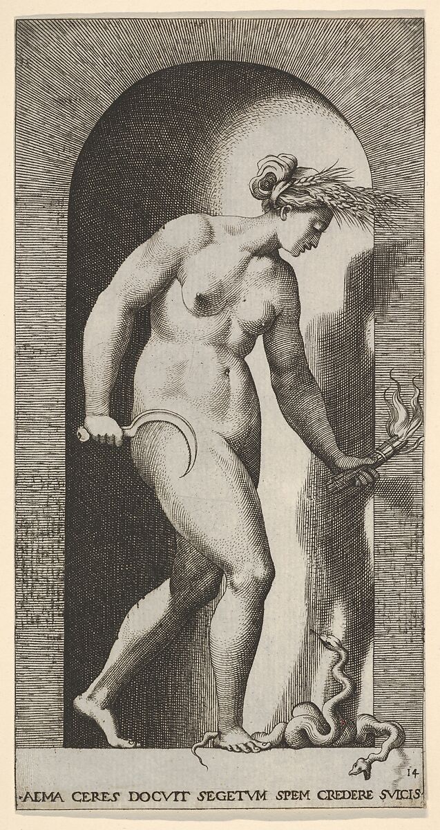 Plate 14: Ceres in a niche, facing right, standing over a two-headed snake and holding a half-moon sickle in her right hand and a torch in her left hand, from "Mythological Gods and Goddesses", Giovanni Jacopo Caraglio (Italian, Parma or Verona ca. 1500/1505–1565 Krakow (?)), Engraving 