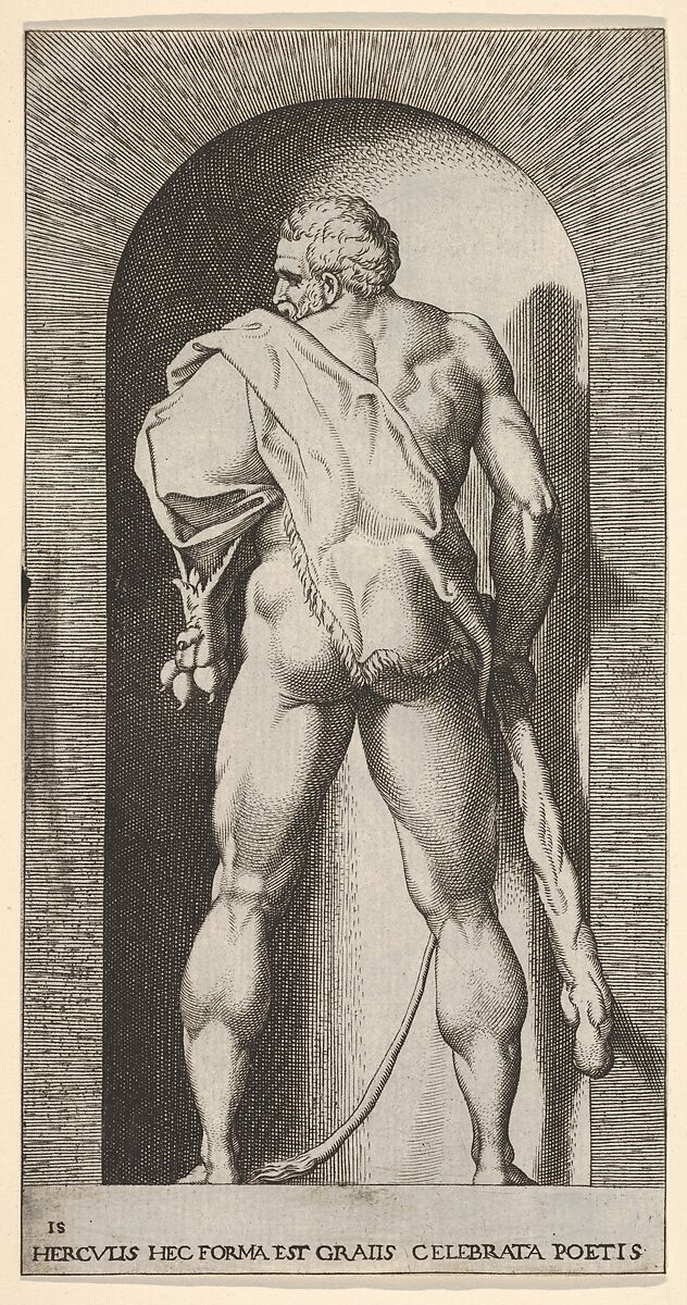 Plate 15: Hercules standing in a niche, wearing a lion skin and holding a club, viewed from behind, with his head turned to the left, from "Mythological Gods and Goddesses", Giovanni Jacopo Caraglio (Italian, Parma or Verona ca. 1500/1505–1565 Krakow (?)), Engraving 