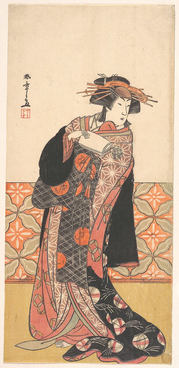 Nakamura Riko as Richly Clad Courtesan Standing in a Room, Katsukawa Shunshō　勝川春章 (Japanese, 1726–1792), Woodblock print (nishiki-e); ink and color on paper, Japan 