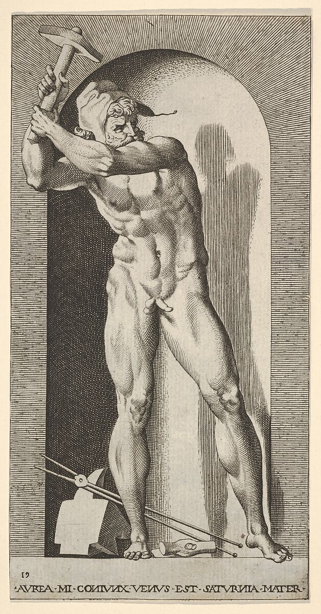 Plate 19: Vulcan standing in a niche swinging a hammer, with an anvil, hammer, and tongs at his feet, from "Mythological Gods and Goddesses", Giovanni Jacopo Caraglio (Italian, Parma or Verona ca. 1500/1505–1565 Krakow (?)), Engraving 
