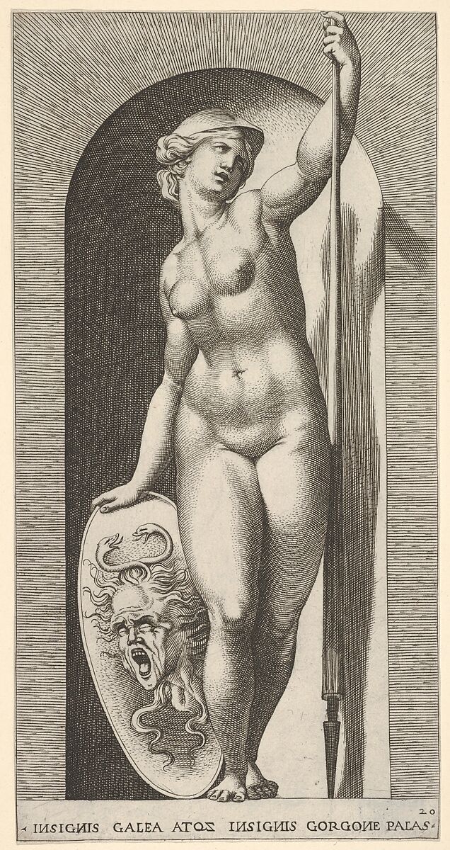 Plate 20: Pallas Athena holding a shield with Medusa's head in her right hand and a lance in her left hand, from "Mythological Gods and Goddesses", Giovanni Jacopo Caraglio (Italian, Parma or Verona ca. 1500/1505–1565 Krakow (?)), Engraving 