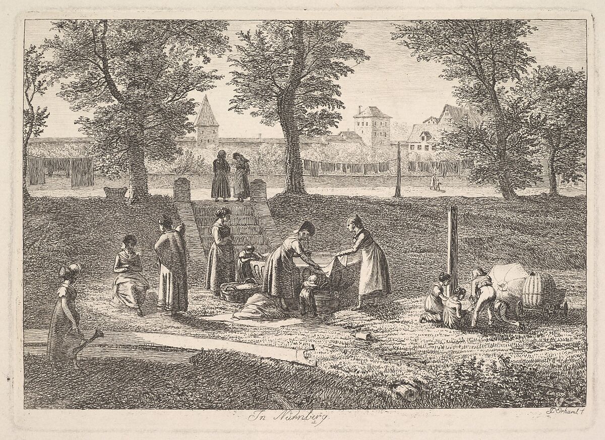 Outdoor Scene of Women in Domestic Activities in Nurnberg,, Johann Christoph Erhard (German, Nuremberg 1795–1822 Rome), Etching; third state 