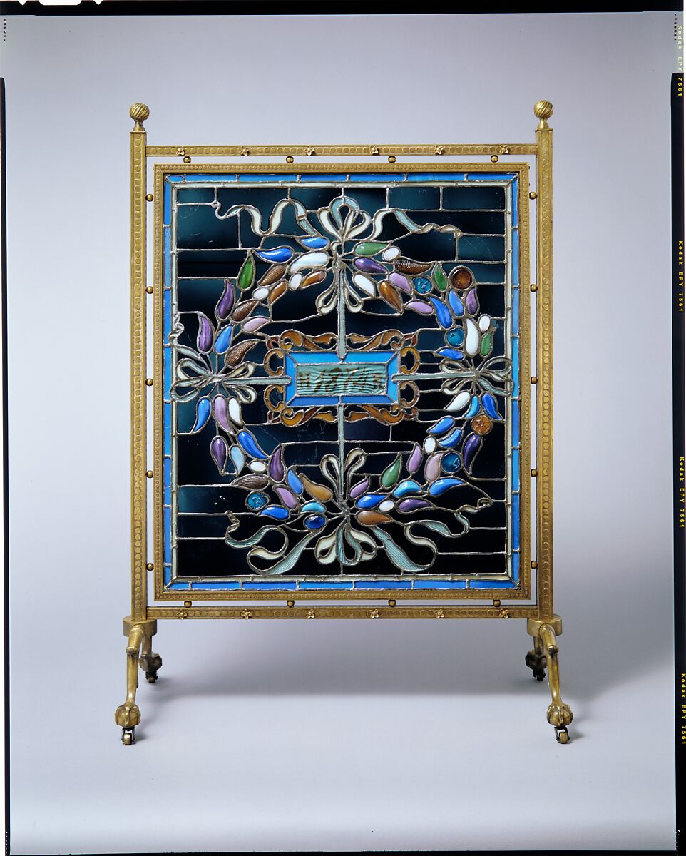 Firescreen, John La Farge (American, New York 1835–1910 Providence, Rhode Island), Leaded opalescent glass, brass, American 