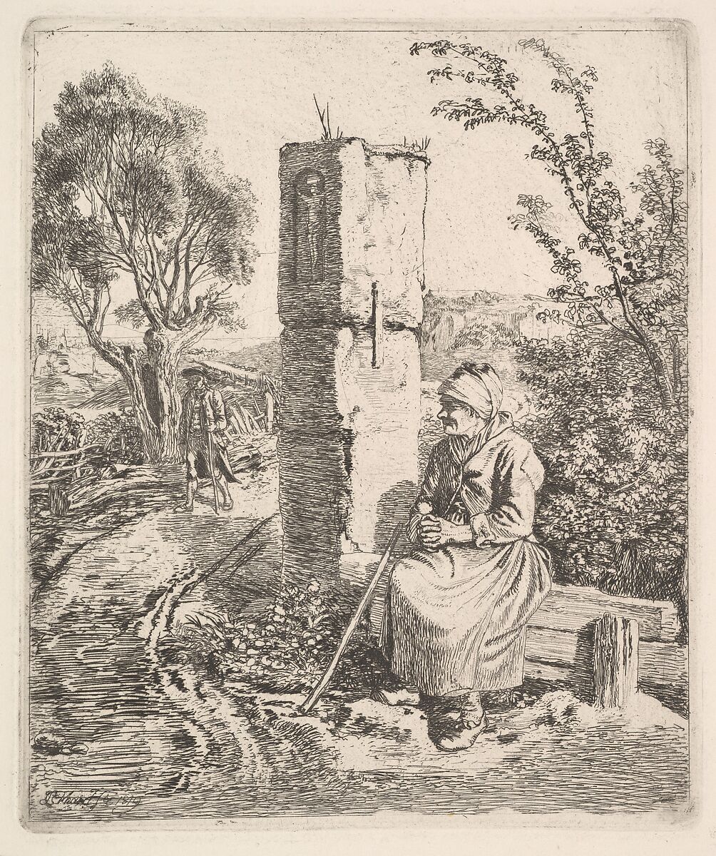 An Old Lady Sitting Near a Pillar at Side of Road, Johann Christoph Erhard (German, Nuremberg 1795–1822 Rome), Etching; second state 
