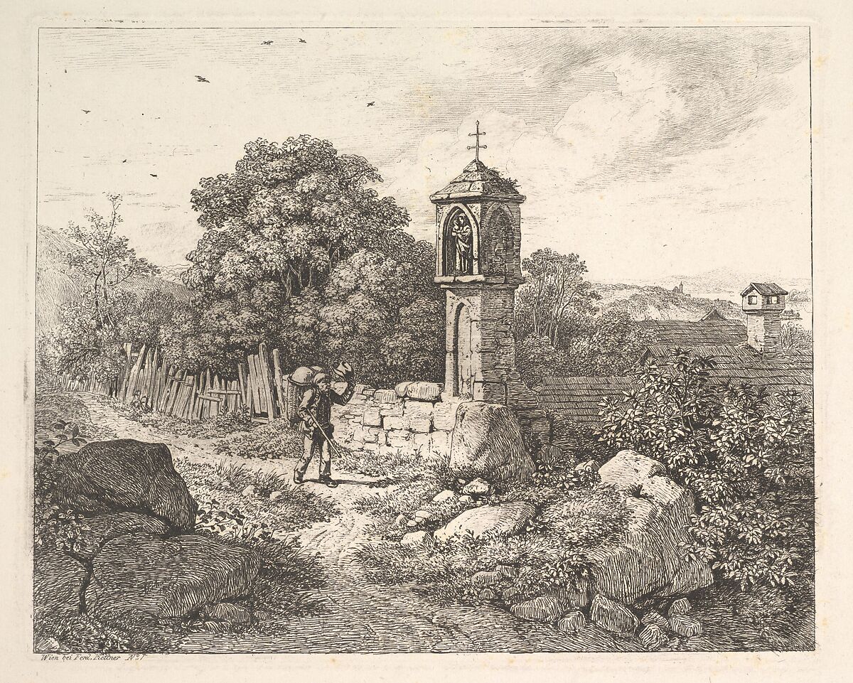 A Peasant Greeting the Statue of Mary, Johann Christoph Erhard (German, Nuremberg 1795–1822 Rome), Etching; fourth state 