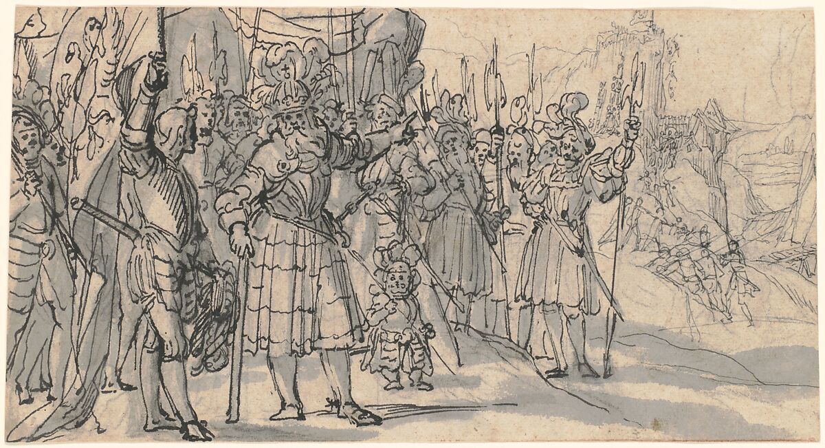 Otto von Wittelsbach Liberates the Army from a Mountain Pass near Verona, Peter Candid (Pieter de Witte, Pietro Candido) (Netherlandish, Bruges ca. 1548–1628 Munich), Pen and black ink, gray wash, over black chalk