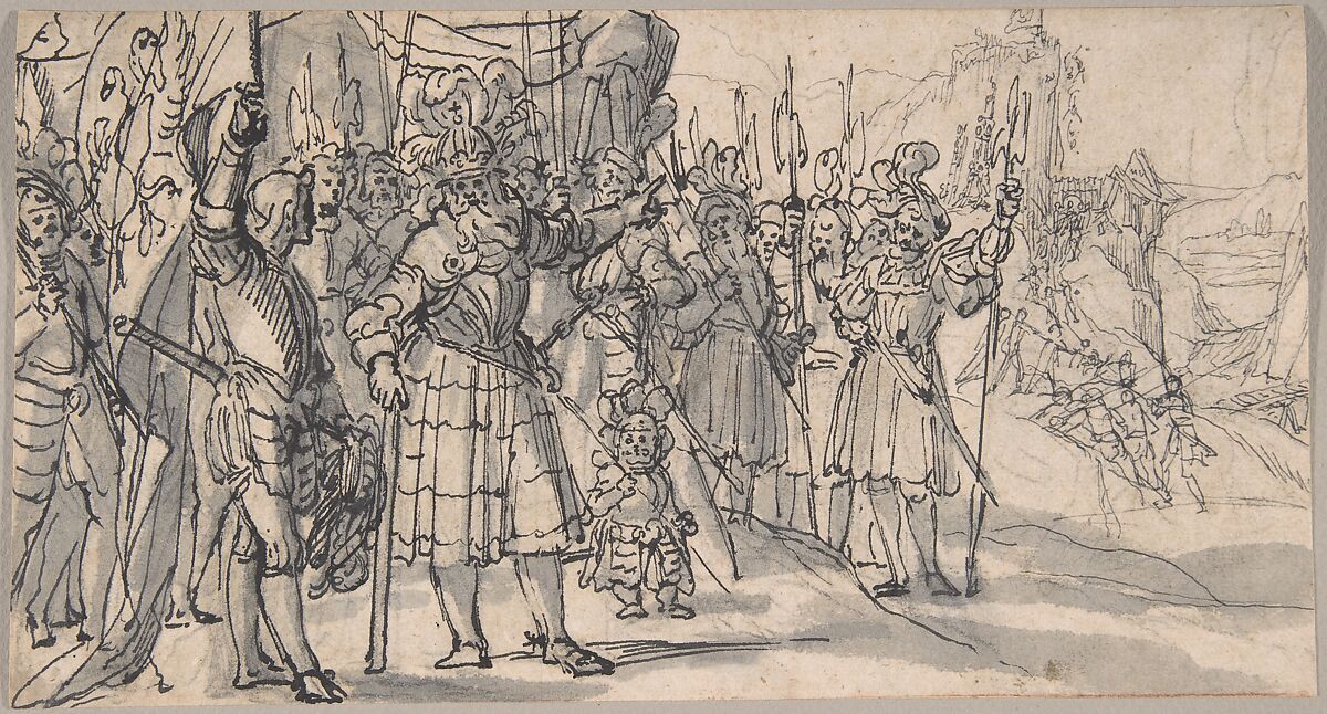 Otto von Wittelsbach Liberates the Army from a Mountain Pass near Verona, Peter Candid (Pieter de Witte, Pietro Candido) (Netherlandish, Bruges ca. 1548–1628 Munich), Pen and black ink, gray wash, over black chalk 