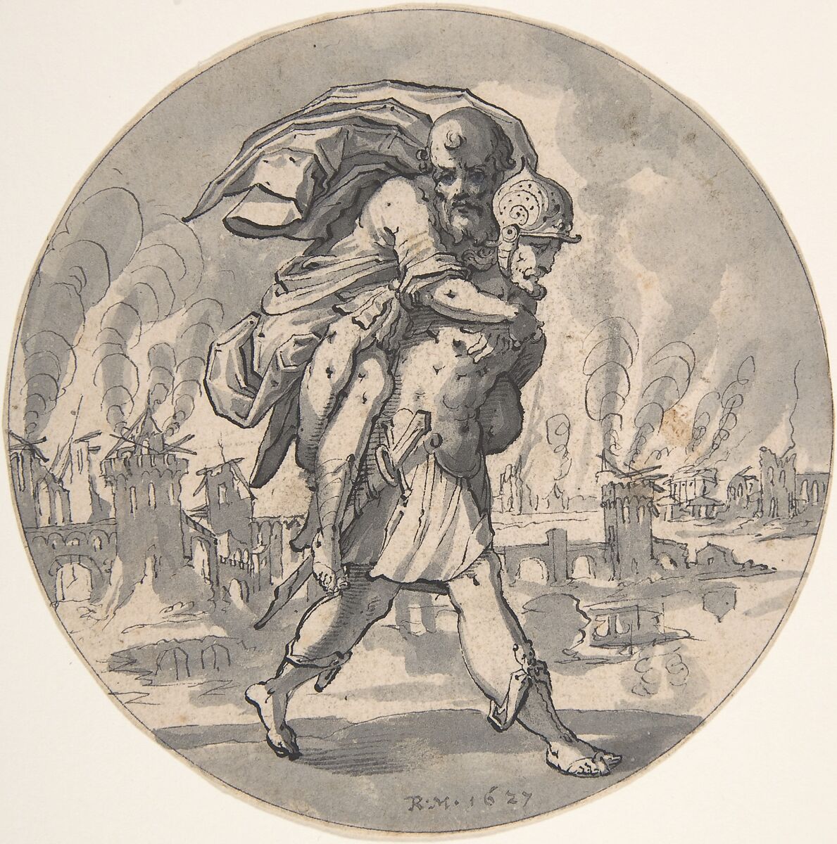 Aeneas Rescues his Father from Burning Troy, Rudolf Meyer (Swiss, Zurich 1605–1638 Zurich), Pen and black ink, gray wash 