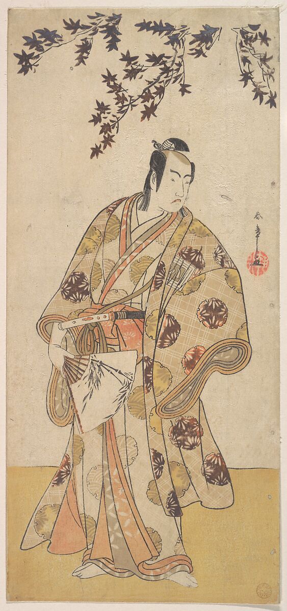 The Third Ichikawa Yaozō as a Daimyo Standing Under a Maple Tree, Katsukawa Shunshō　勝川春章 (Japanese, 1726–1792), Woodblock print (nishiki-e); ink and color on paper, Japan 