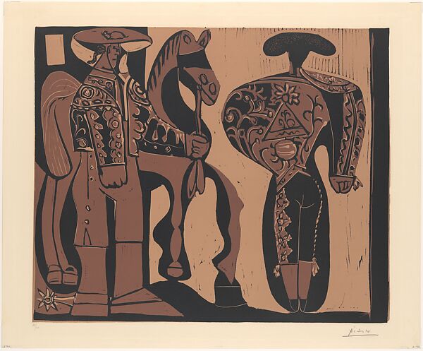 Picador and Torero Awaiting the Parade of the Quadrille, Pablo Picasso (Spanish, Malaga 1881–1973 Mougins, France), Linoleum cut 