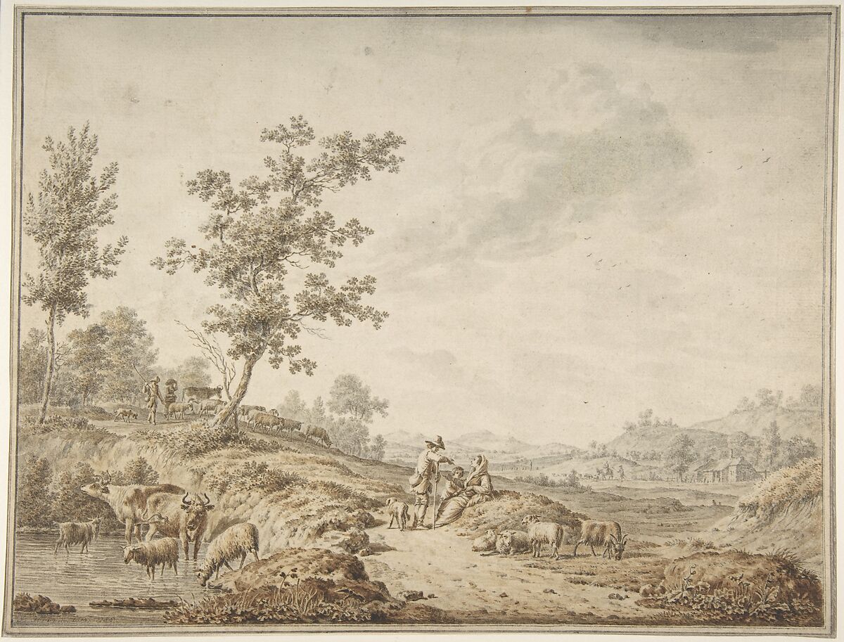 Landscape with Herdsmen and Their Cattle, Jordanus Hoorn (Dutch, 1753–1833), Pen and brown and gray ink, over traces of black chalk 