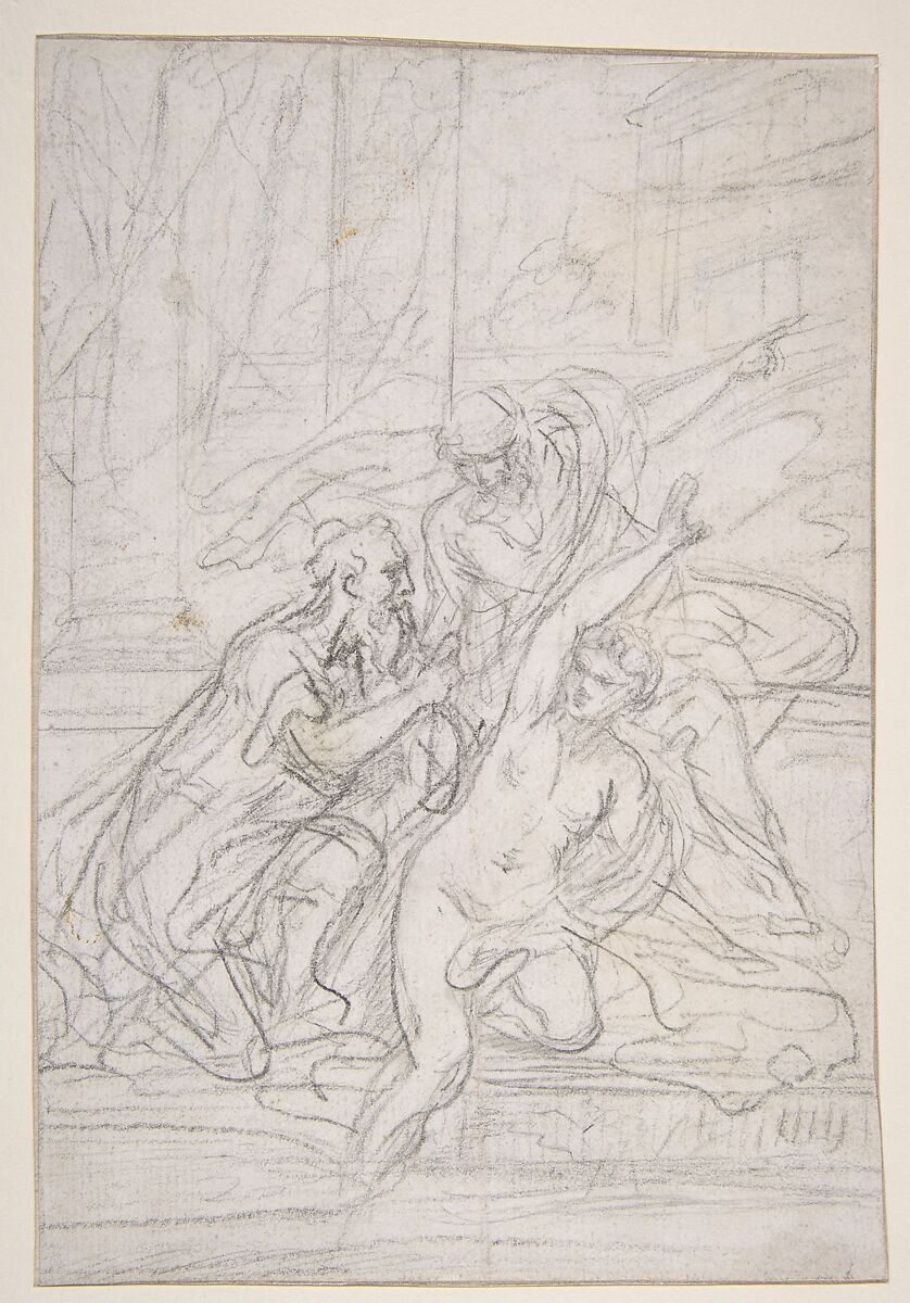 Susanna and the Elders (recto); Architectural design and other scribbles (verso), Giovanni Battista Pittoni (Italian, Venice 1687–1767 Venice), Red and black chalks 