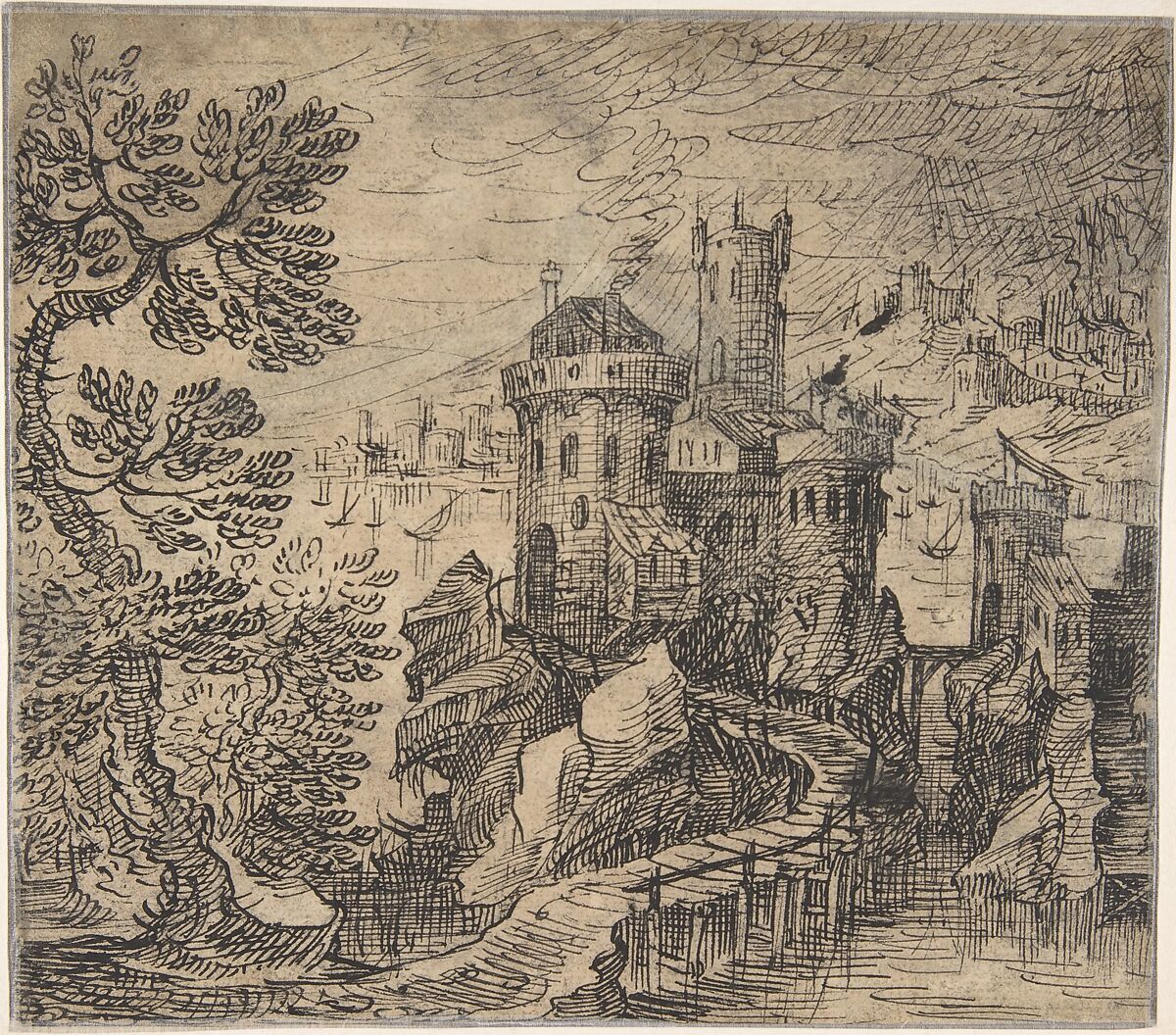 Lot and His Daughters (recto); Rocky Landscape with a Castle and Bridge (verso), Hermann Weyer (German, Coburg 1596–ca. 1621 Coburg), Pen and black ink, gray wash, white heightening on yellow prepared paper (recto); pen and black ink (verso)