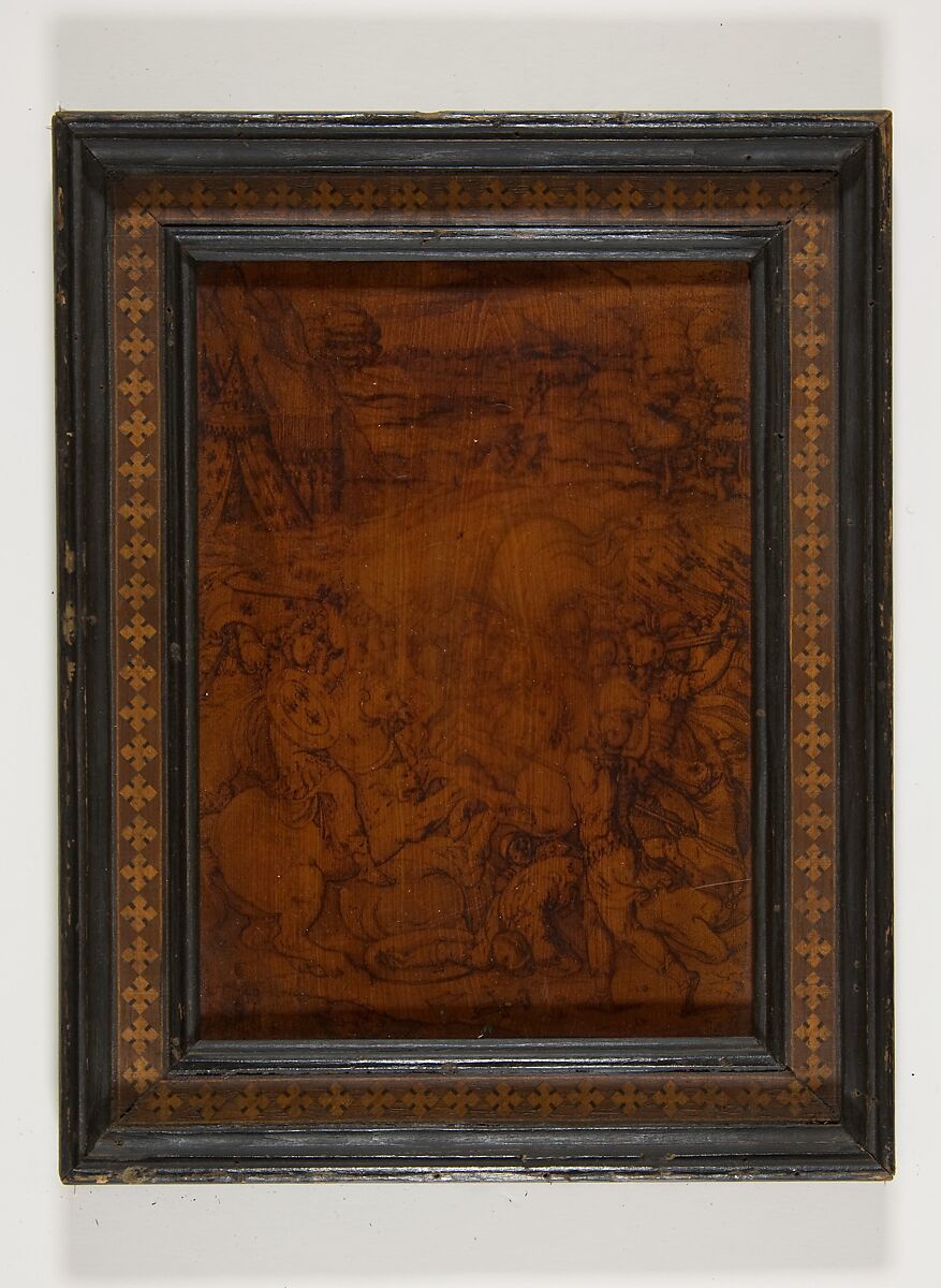 Battle Scene with the Emblems of the Farnese Family, Anonymous, Italian?, 16th century (near Francesco Salviati, 1510-1563), Pen and brown ink, brush and brown wash, on wood panel