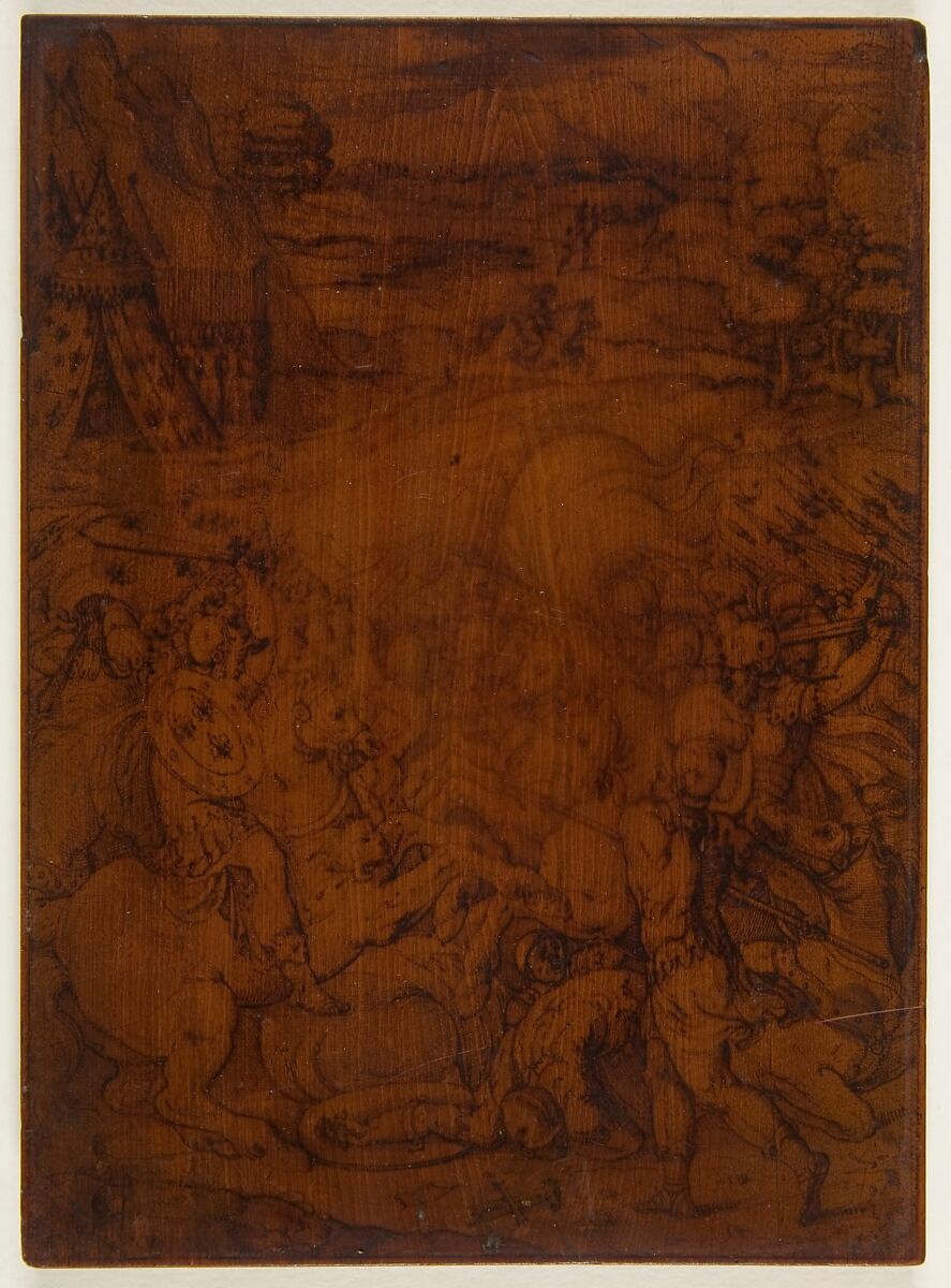 Battle Scene with the Emblems of the Farnese Family., Anonymous, Italian?, 16th century (near Francesco Salviati, 1510-1563), Pen and brown ink, brush and brown wash, on wood panel 