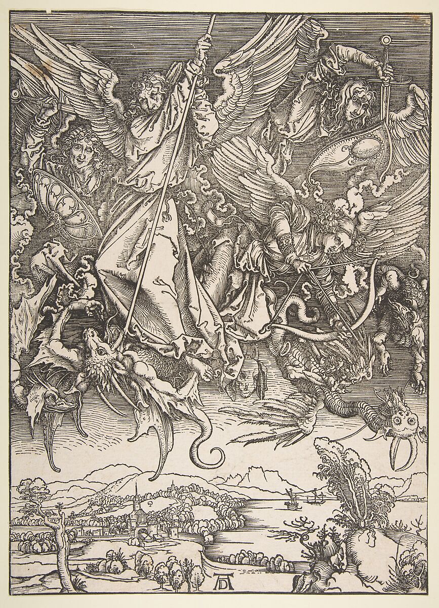 Saint Michael Fighting the Dragon, from "The Apocalypse", Albrecht Dürer (German, Nuremberg 1471–1528 Nuremberg), Woodcut 