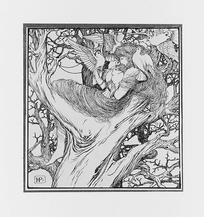 The Princess Dwells in the Oak Tree Where ye Wild Pigeons Come to Feed Her, for "The Wonder Clock", Howard Pyle (American, Wilmington, Delaware 1853–1911 Florence), Pen and ink over graphite, on white artist's board